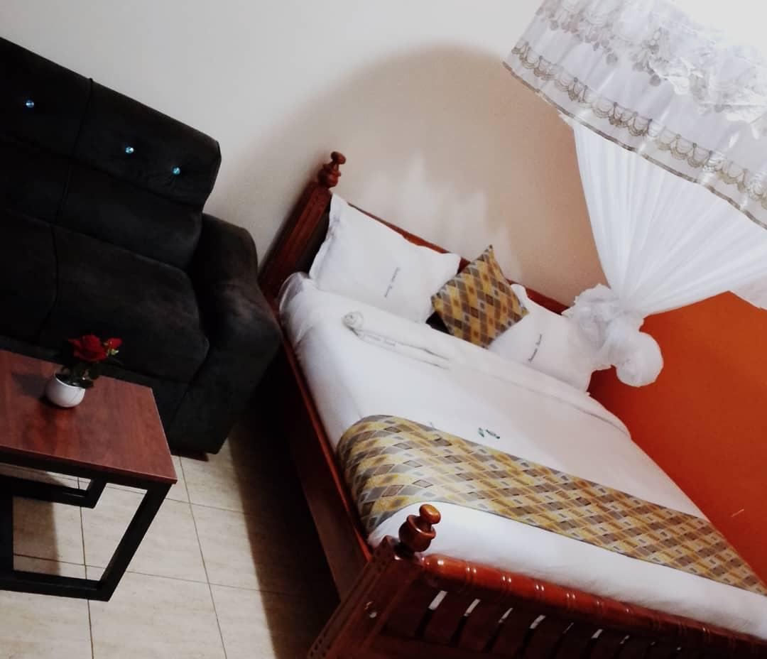 Executive room with double bed, mosquito net and sofa